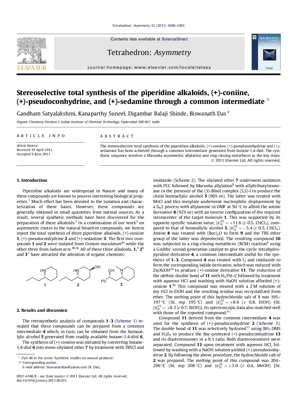 Stereoselective total synthesis of the piperidine alkaloids, (+)-coniine, (+)-pseudoconhydrine, and (+)-sedamine through a common intermediate 