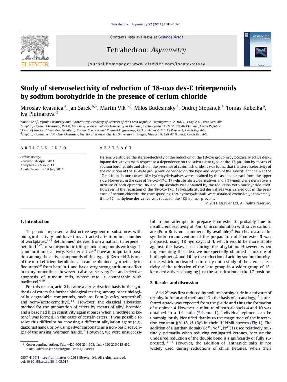 Study of stereoselectivity of reduction of 18-oxo des-E triterpenoids by sodium borohydride in the presence of cerium chloride