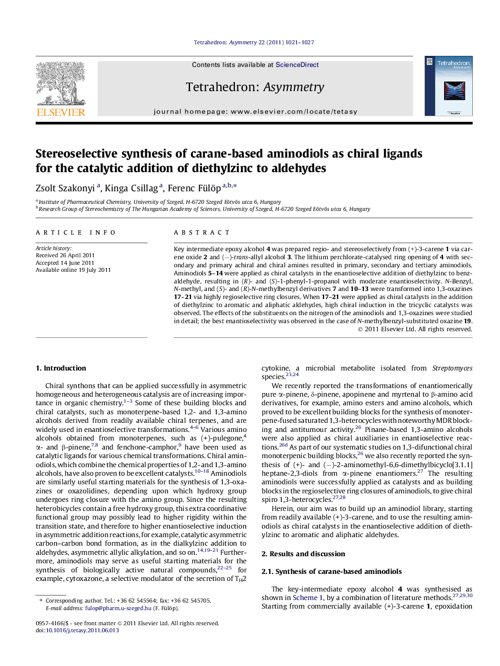 Stereoselective synthesis of carane-based aminodiols as chiral ligands for the catalytic addition of diethylzinc to aldehydes