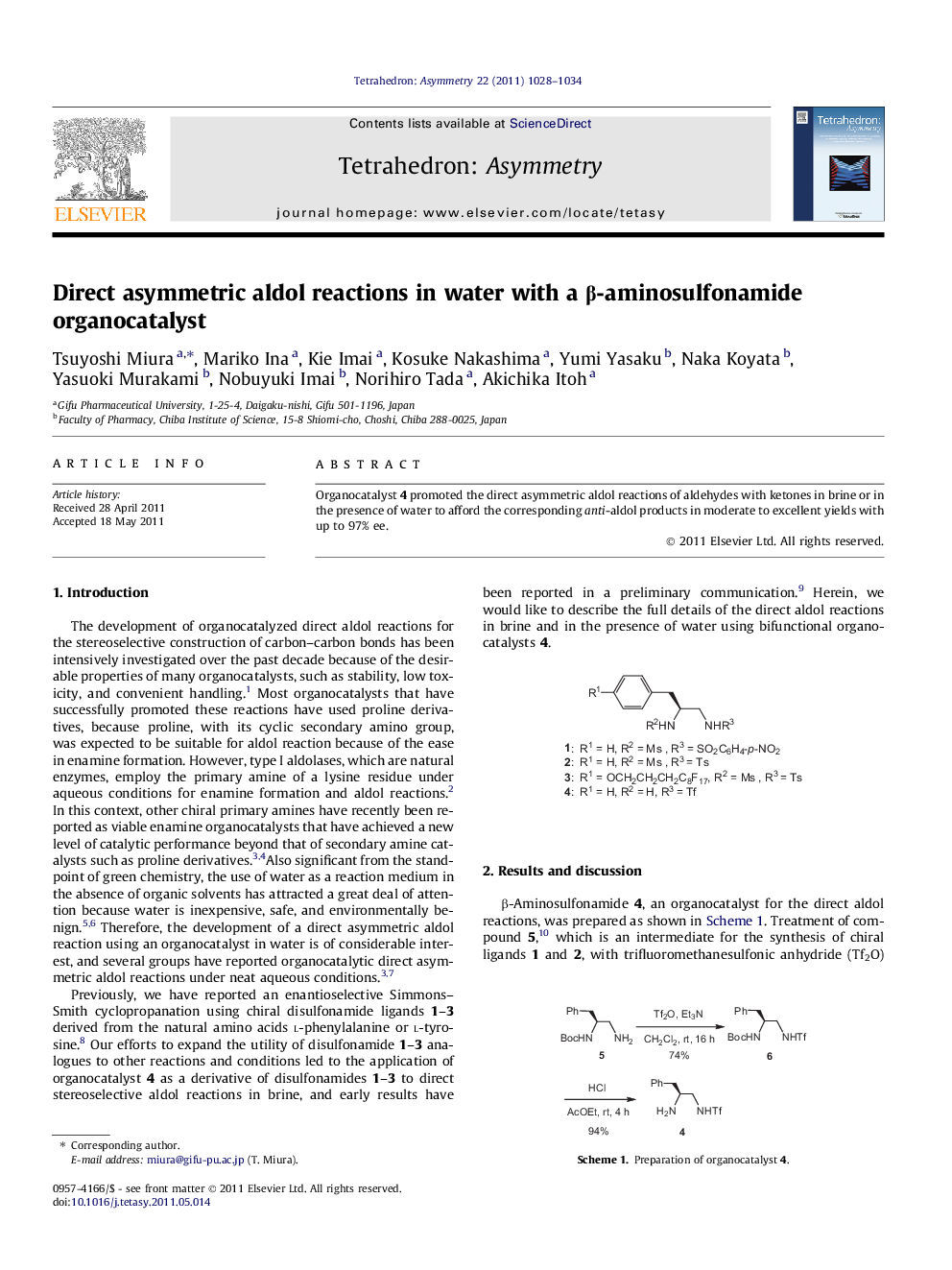 Direct asymmetric aldol reactions in water with a β-aminosulfonamide organocatalyst