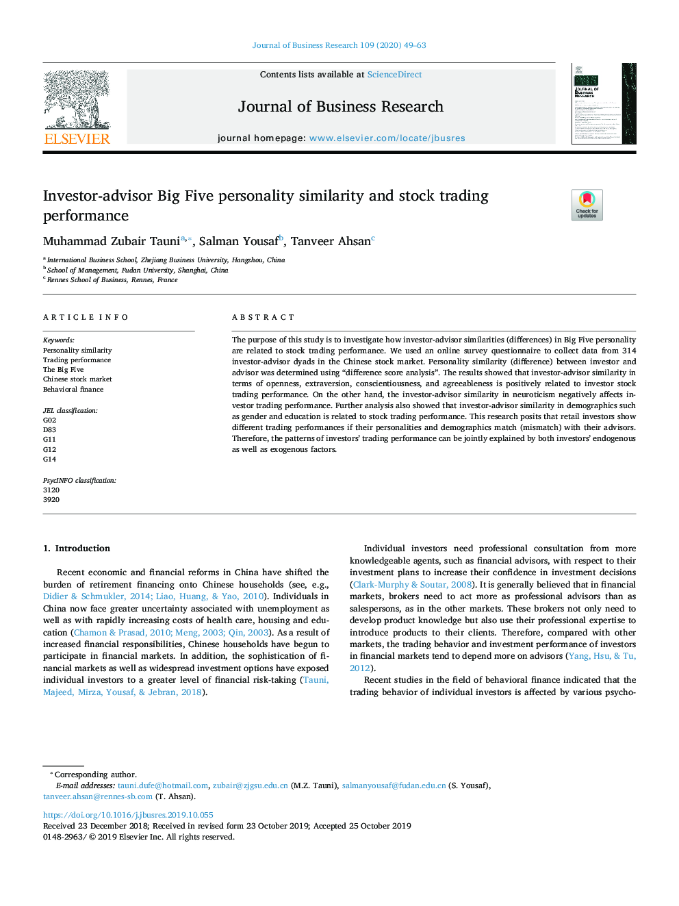 Investor-advisor Big Five personality similarity and stock trading performance