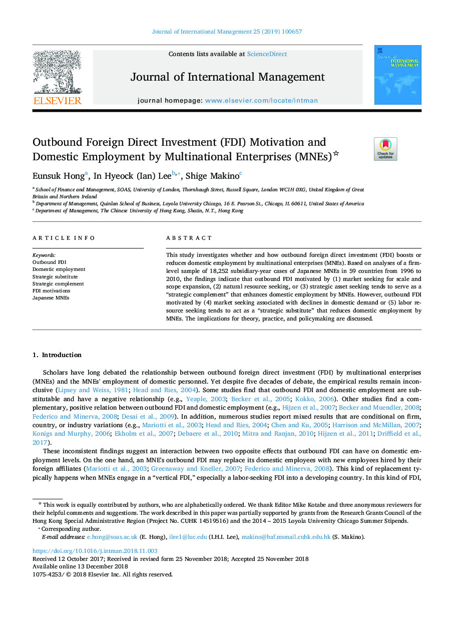 Outbound Foreign Direct Investment (FDI) Motivation and Domestic Employment by Multinational Enterprises (MNEs)