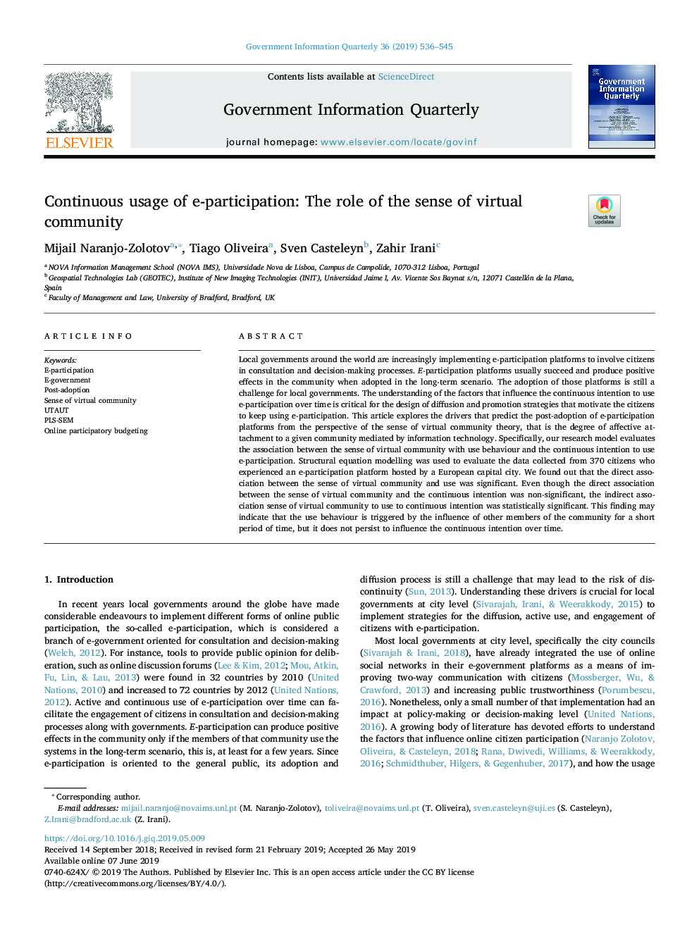 Continuous usage of e-participation: The role of the sense of virtual community