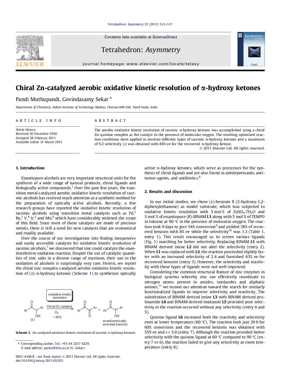 Chiral Zn-catalyzed aerobic oxidative kinetic resolution of α-hydroxy ketones