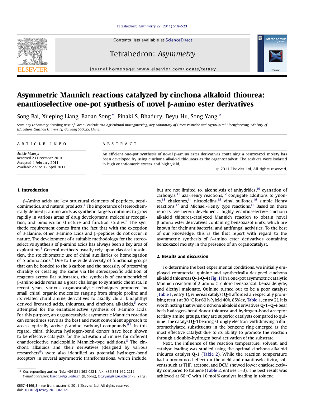Asymmetric Mannich reactions catalyzed by cinchona alkaloid thiourea: enantioselective one-pot synthesis of novel β-amino ester derivatives