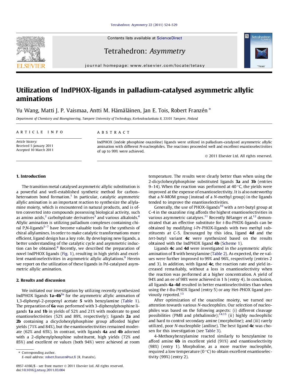 Utilization of IndPHOX-ligands in palladium-catalysed asymmetric allylic aminations