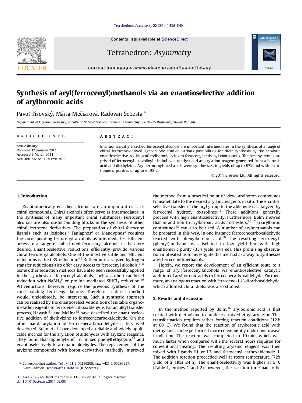 Synthesis of aryl(ferrocenyl)methanols via an enantioselective addition of arylboronic acids