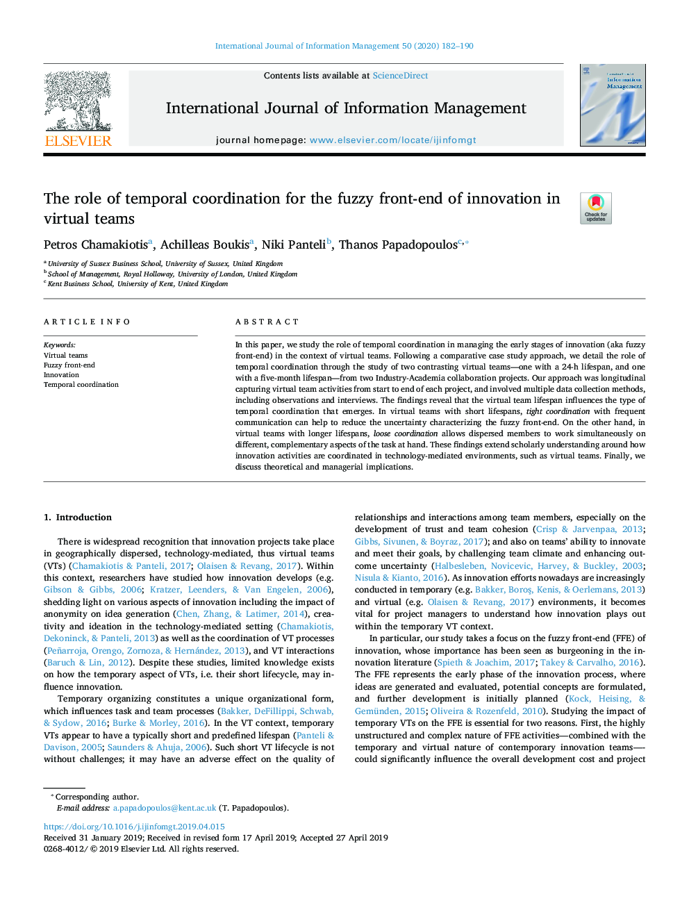 The role of temporal coordination for the fuzzy front-end of innovation in virtual teams