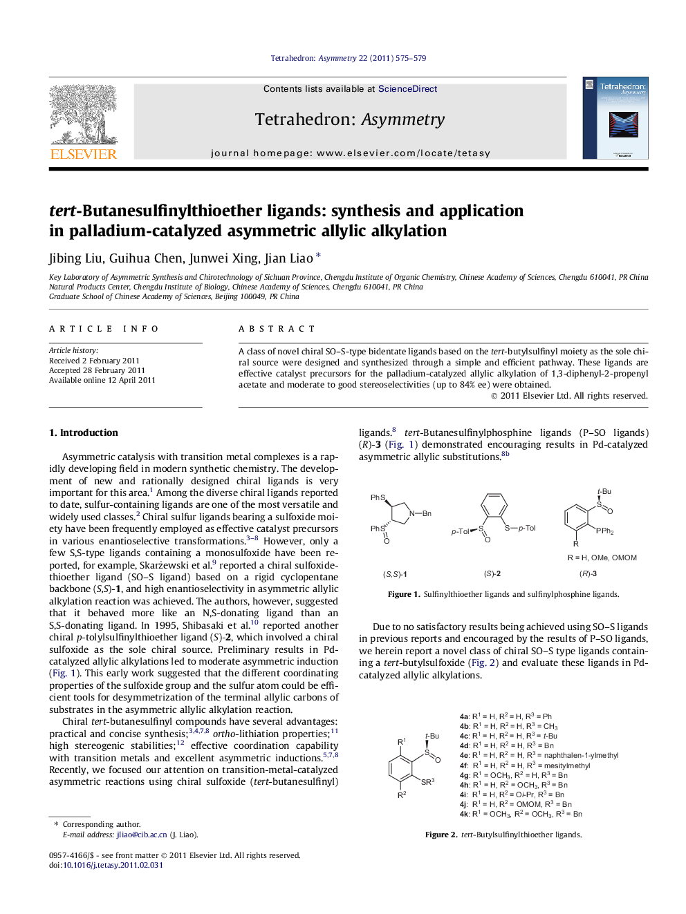 tert-Butanesulfinylthioether ligands: synthesis and application in palladium-catalyzed asymmetric allylic alkylation