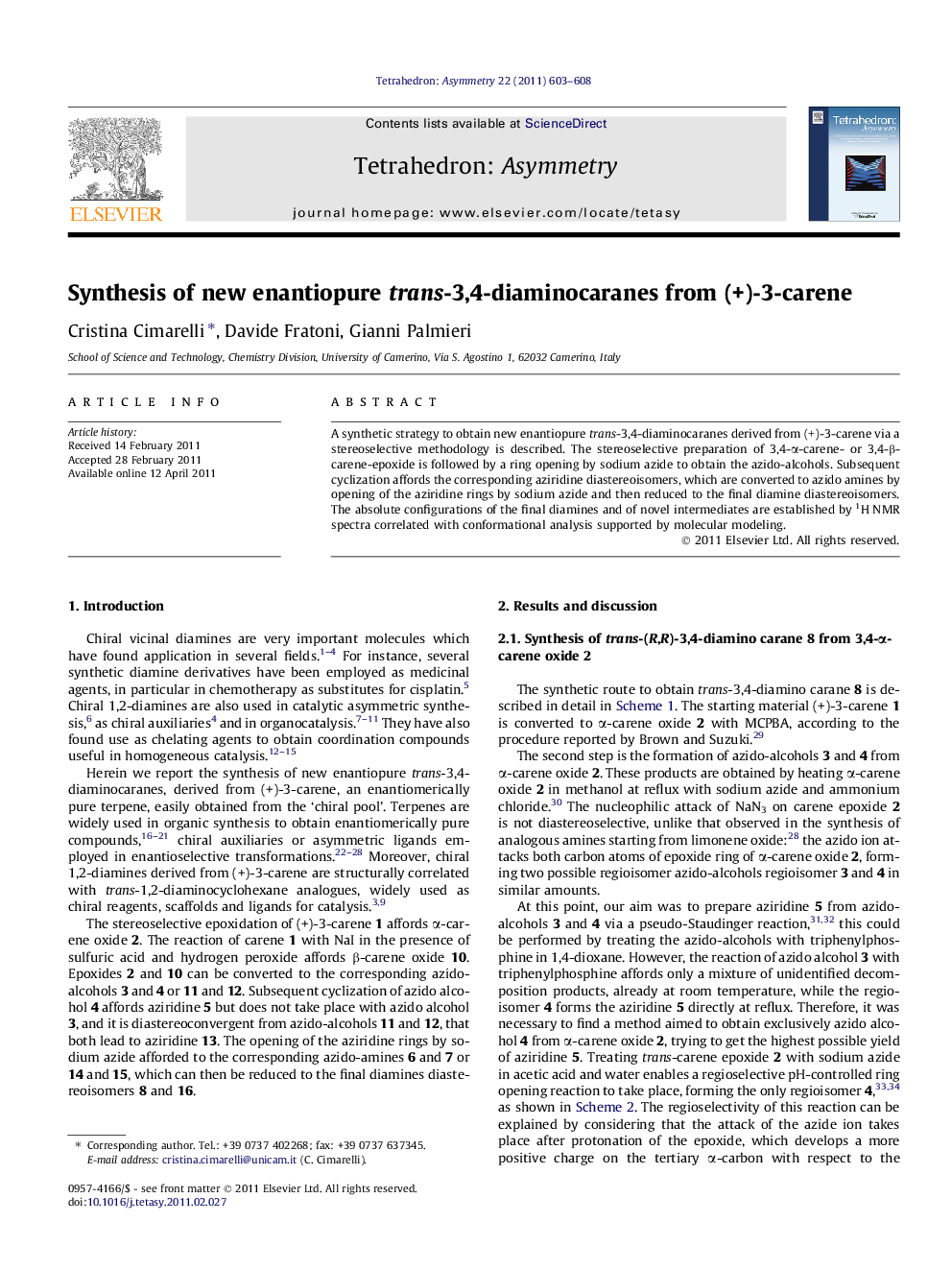 Synthesis of new enantiopure trans-3,4-diaminocaranes from (+)-3-carene
