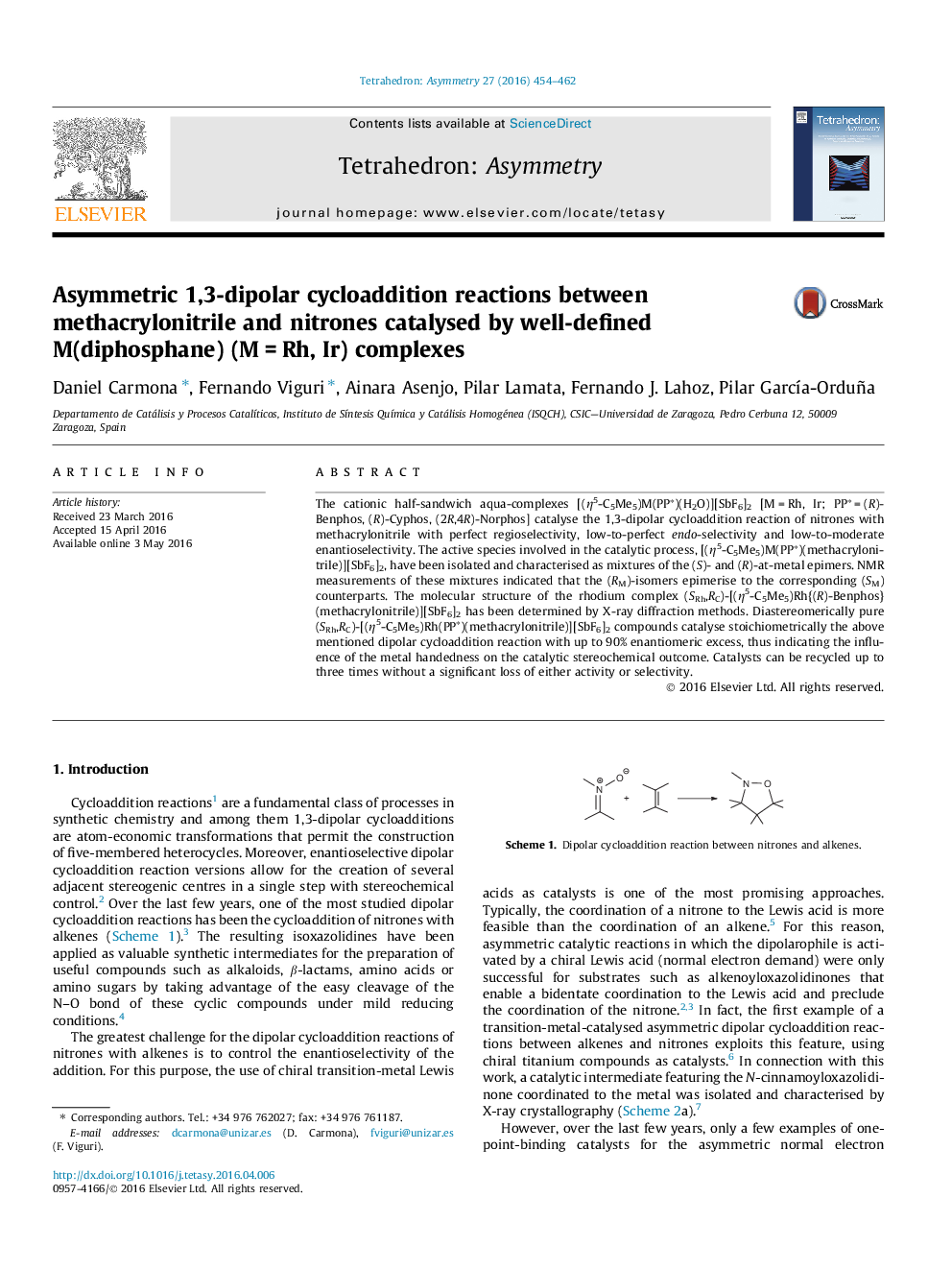 عکس صفحه اول مقاله: Asymmetric 1,3-dipolar cycloaddition reactions between methacrylonitrile and nitrones catalysed by well-defined M(diphosphane) (M = Rh, Ir) complexes Asymmetric 1,3-dipolar cycloaddition reactions between methacrylonitrile and nitrones catalysed by well-defined M(diphosphane) (M = Rh, Ir) complexes