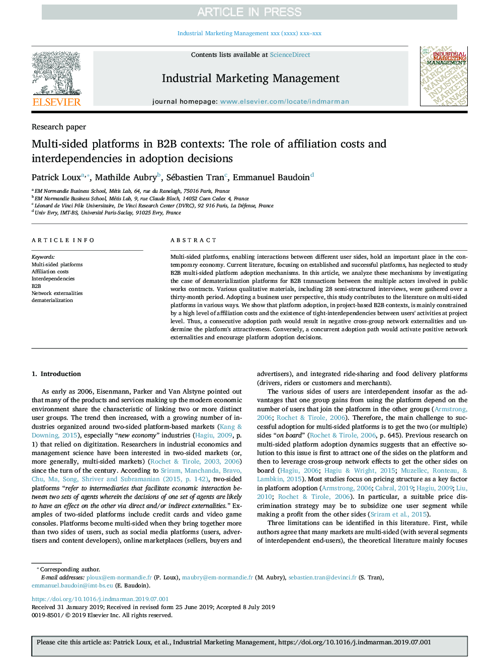 Multi-sided platforms in B2B contexts: The role of affiliation costs and interdependencies in adoption decisions
