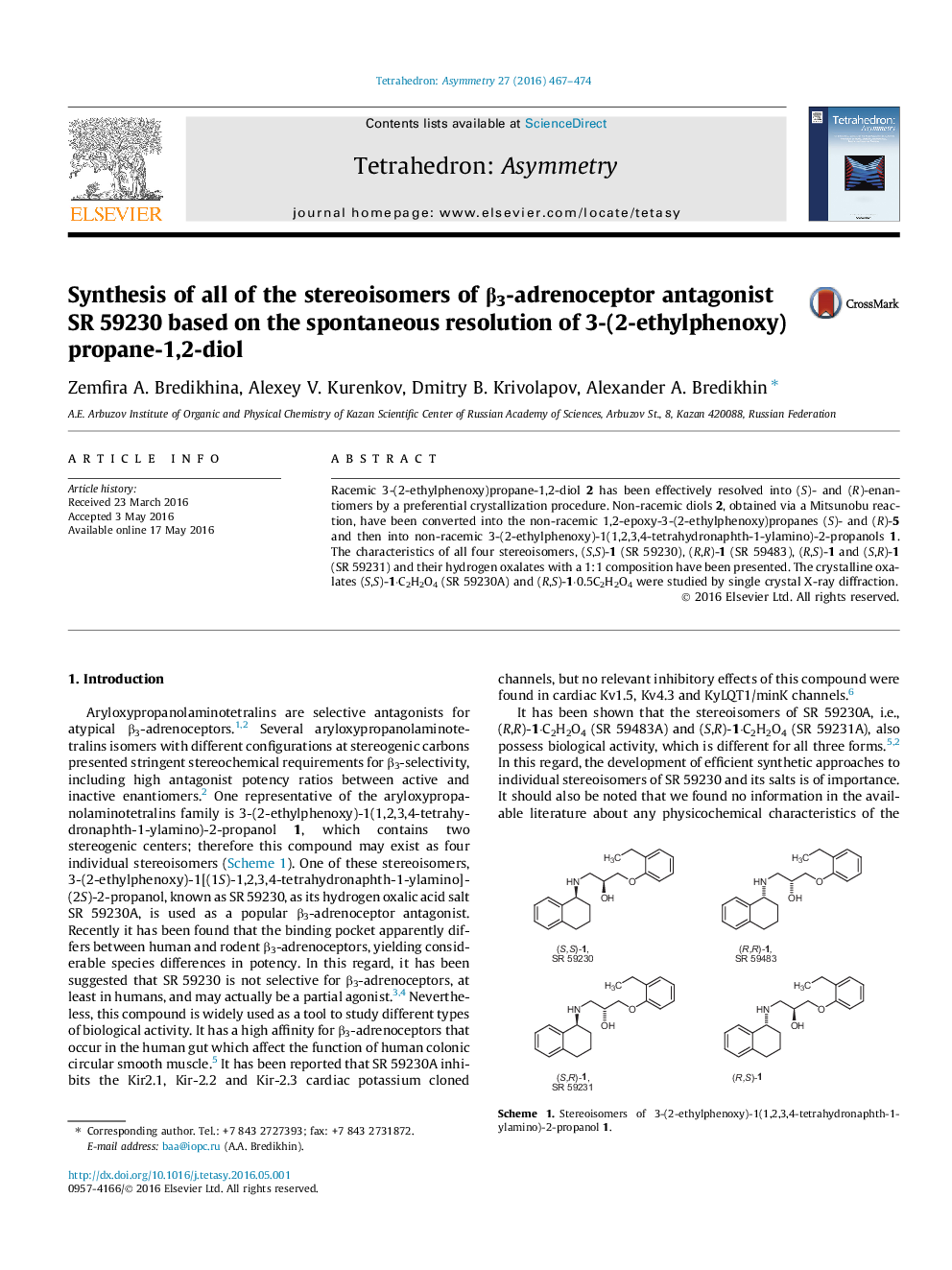 Synthesis of all of the stereoisomers of β3-adrenoceptor antagonist SR 59230 based on the spontaneous resolution of 3-(2-ethylphenoxy)propane-1,2-diol