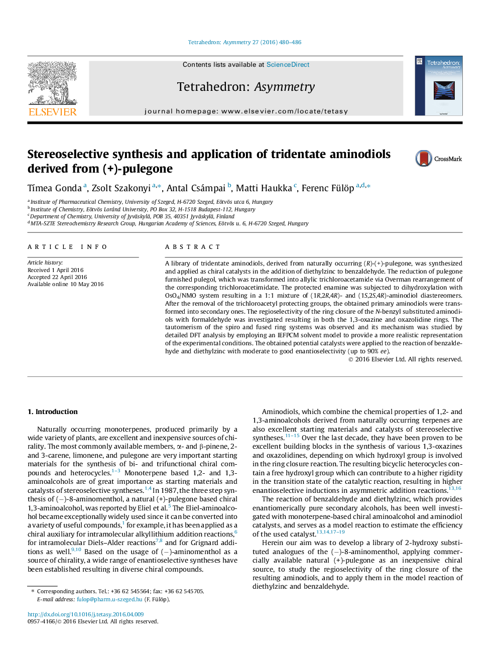 عکس صفحه اول مقاله: Stereoselective synthesis and application of tridentate aminodiols derived from (+)-pulegone Stereoselective synthesis and application of tridentate aminodiols derived from (+)-pulegone