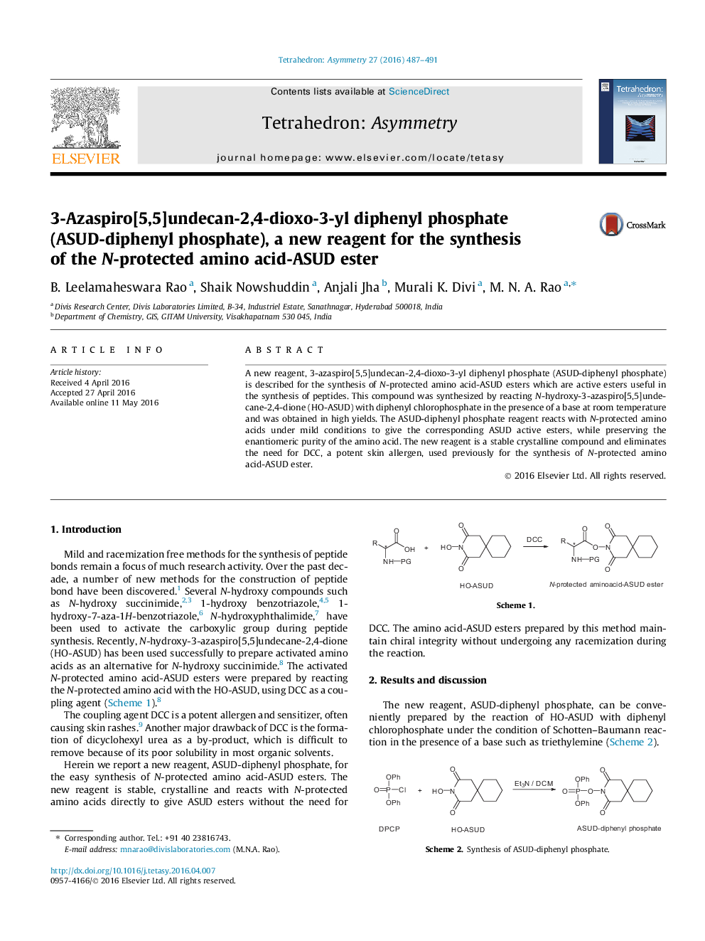 3-Azaspiro[5,5]undecan-2,4-dioxo-3-yl diphenyl phosphate (ASUD-diphenyl phosphate), a new reagent for the synthesis of the N-protected amino acid-ASUD ester