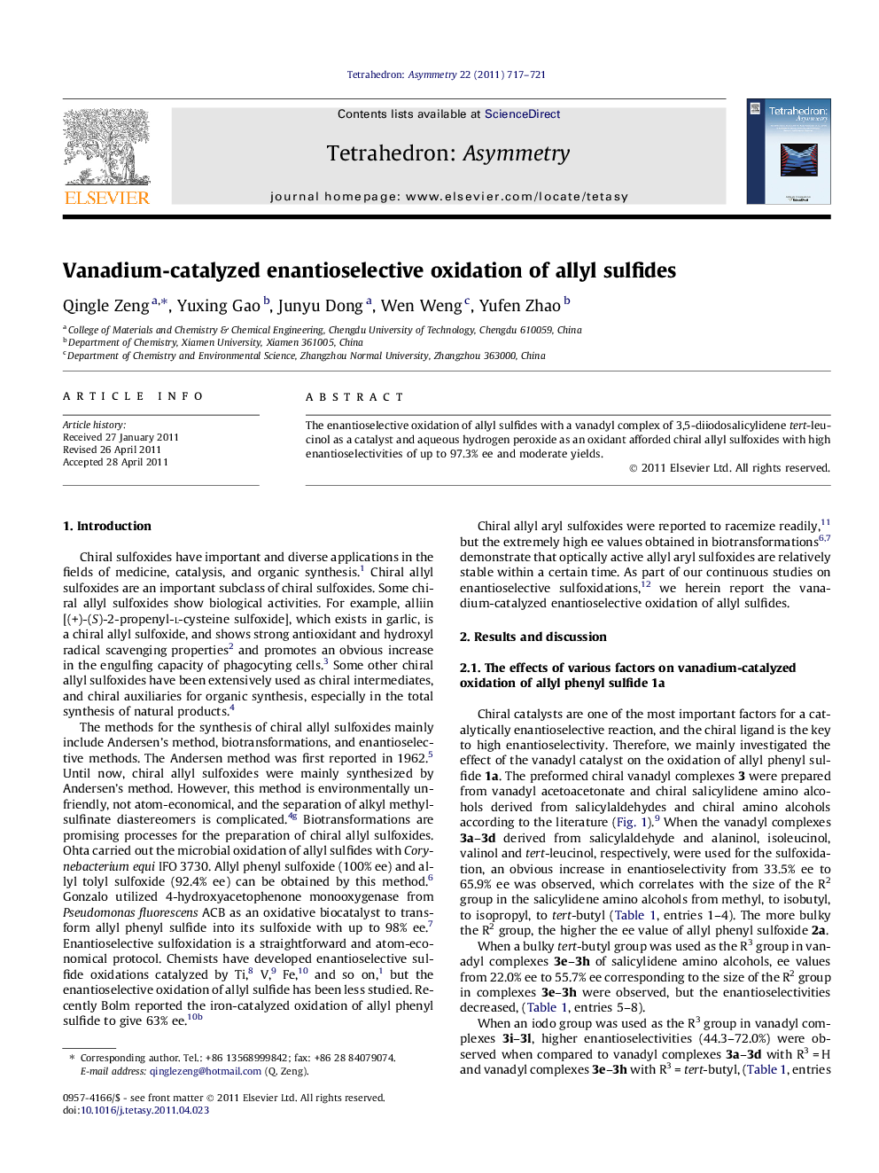 Vanadium-catalyzed enantioselective oxidation of allyl sulfides