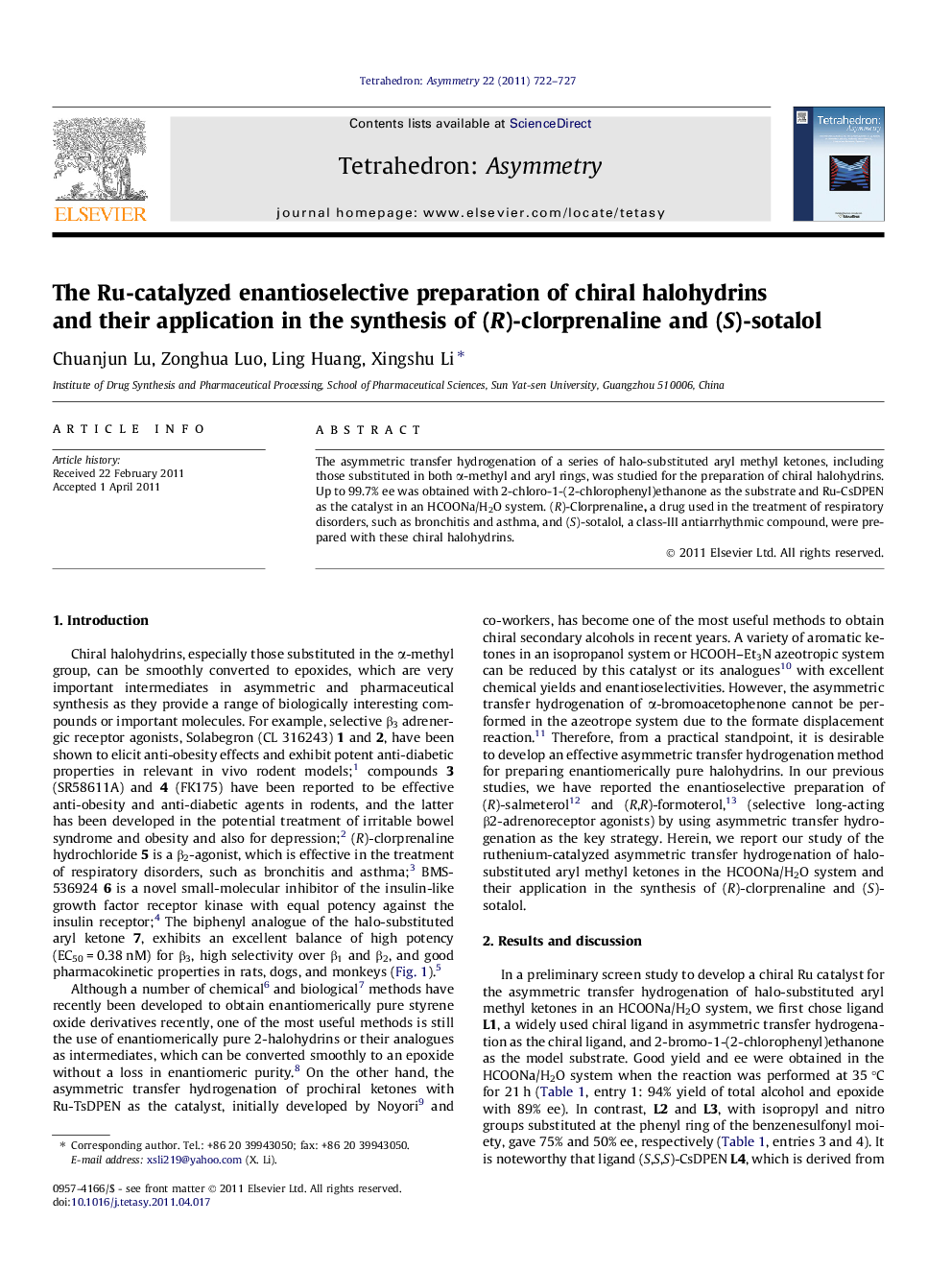 The Ru-catalyzed enantioselective preparation of chiral halohydrins and their application in the synthesis of (R)-clorprenaline and (S)-sotalol