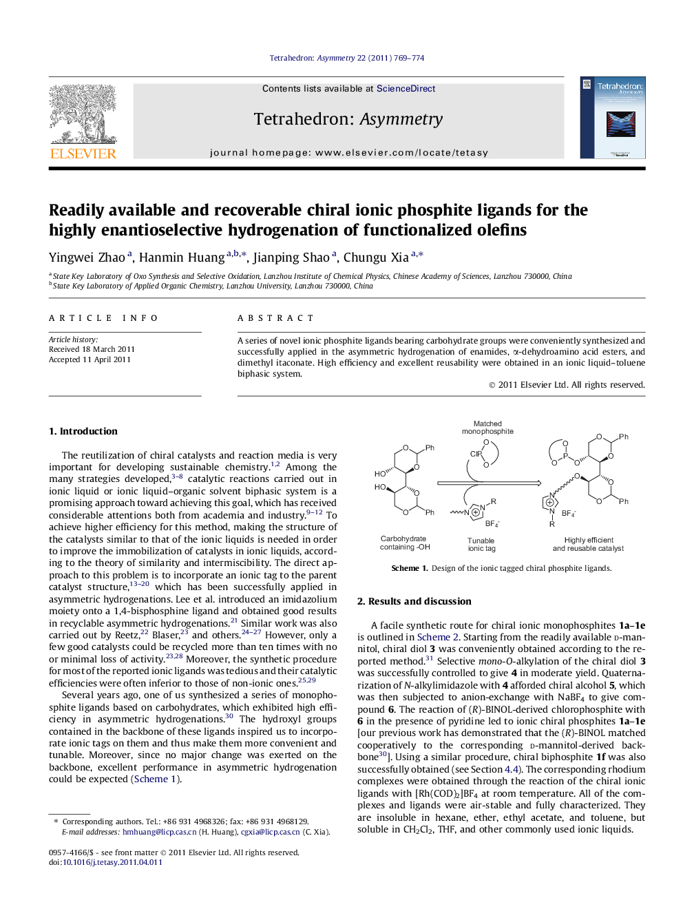 Readily available and recoverable chiral ionic phosphite ligands for the highly enantioselective hydrogenation of functionalized olefins