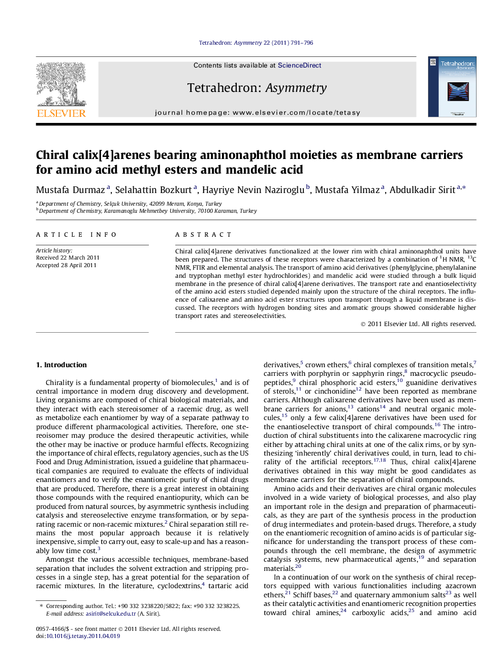 Chiral calix[4]arenes bearing aminonaphthol moieties as membrane carriers for amino acid methyl esters and mandelic acid