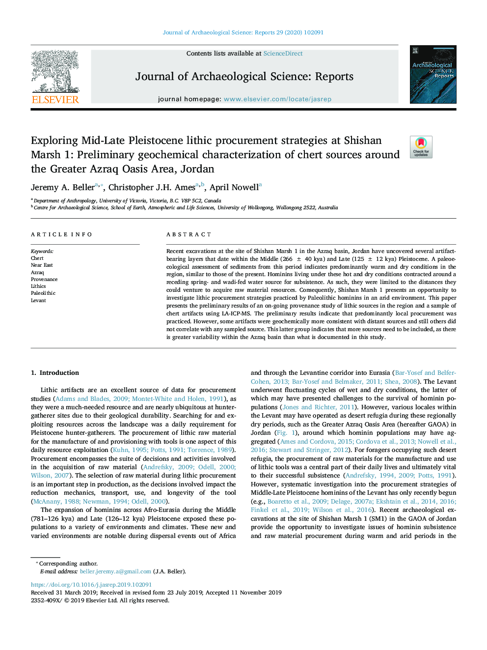 Exploring Mid-Late Pleistocene lithic procurement strategies at Shishan Marsh 1: Preliminary geochemical characterization of chert sources around the Greater Azraq Oasis Area, Jordan