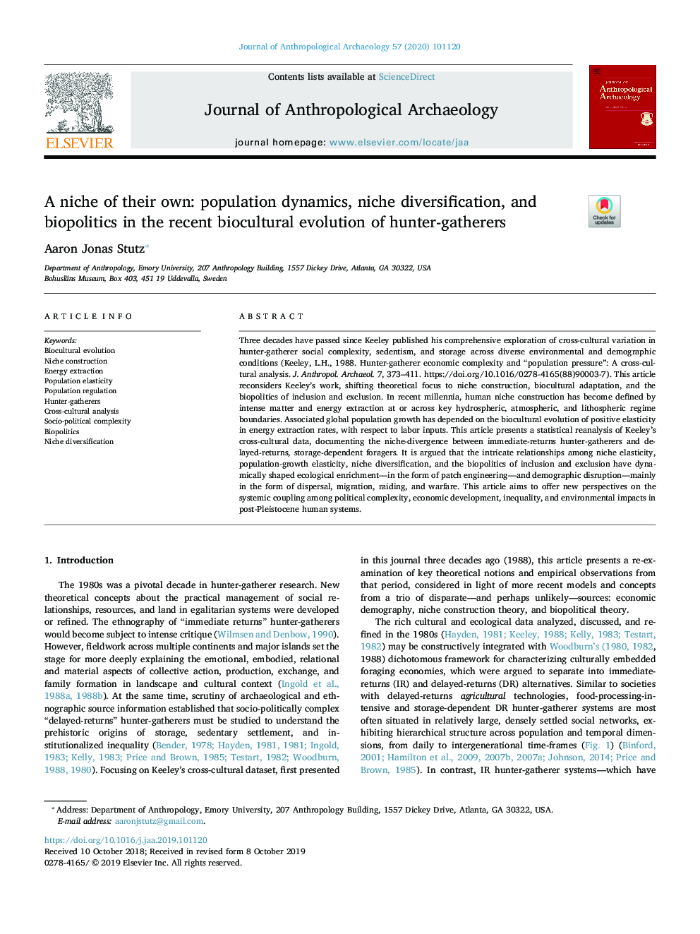 A niche of their own: population dynamics, niche diversification, and biopolitics in the recent biocultural evolution of hunter-gatherers