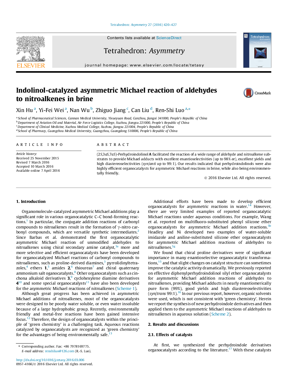 Indolinol-catalyzed asymmetric Michael reaction of aldehydes to nitroalkenes in brine
