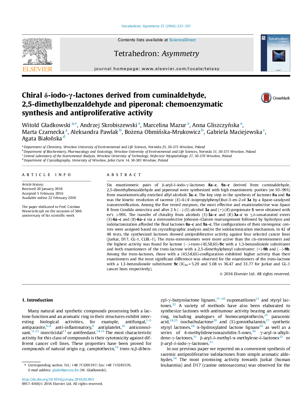 Chiral δ-iodo-γ-lactones derived from cuminaldehyde, 2,5-dimethylbenzaldehyde and piperonal: chemoenzymatic synthesis and antiproliferative activity