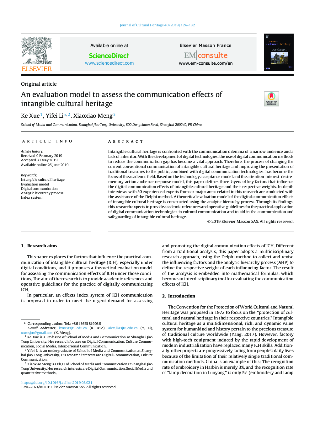 An evaluation model to assess the communication effects of intangible cultural heritage