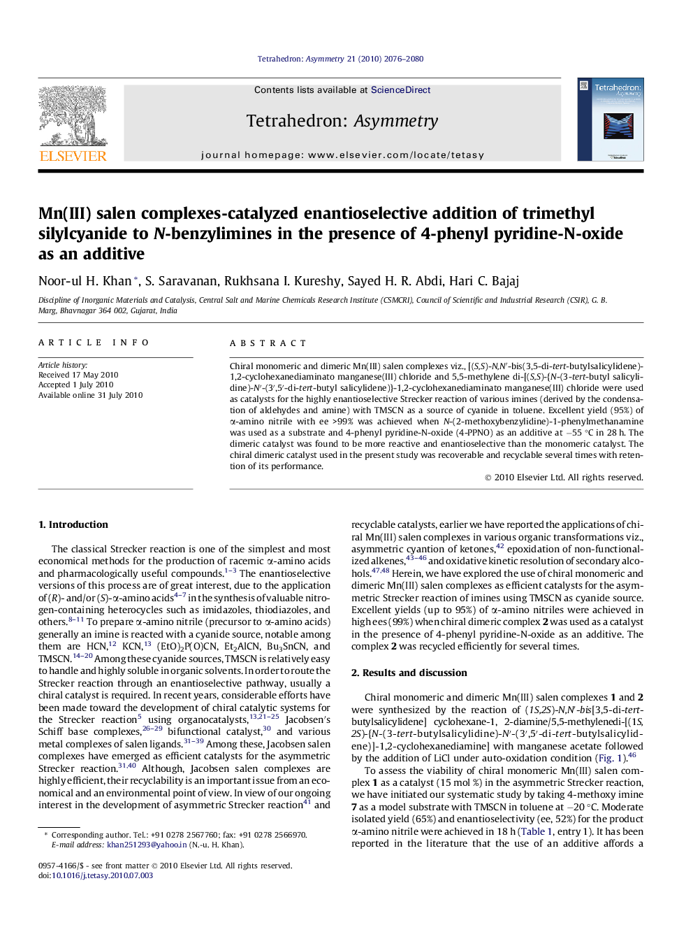 Mn(III) salen complexes-catalyzed enantioselective addition of trimethyl silylcyanide to N-benzylimines in the presence of 4-phenyl pyridine-N-oxide as an additive