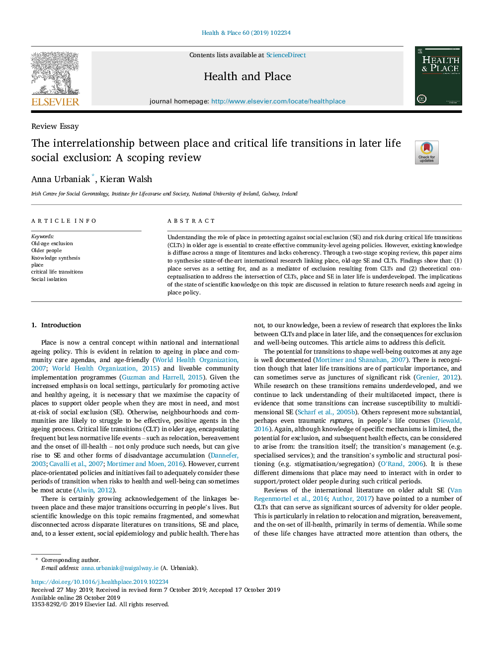 The interrelationship between place and critical life transitions in later life social exclusion: A scoping review