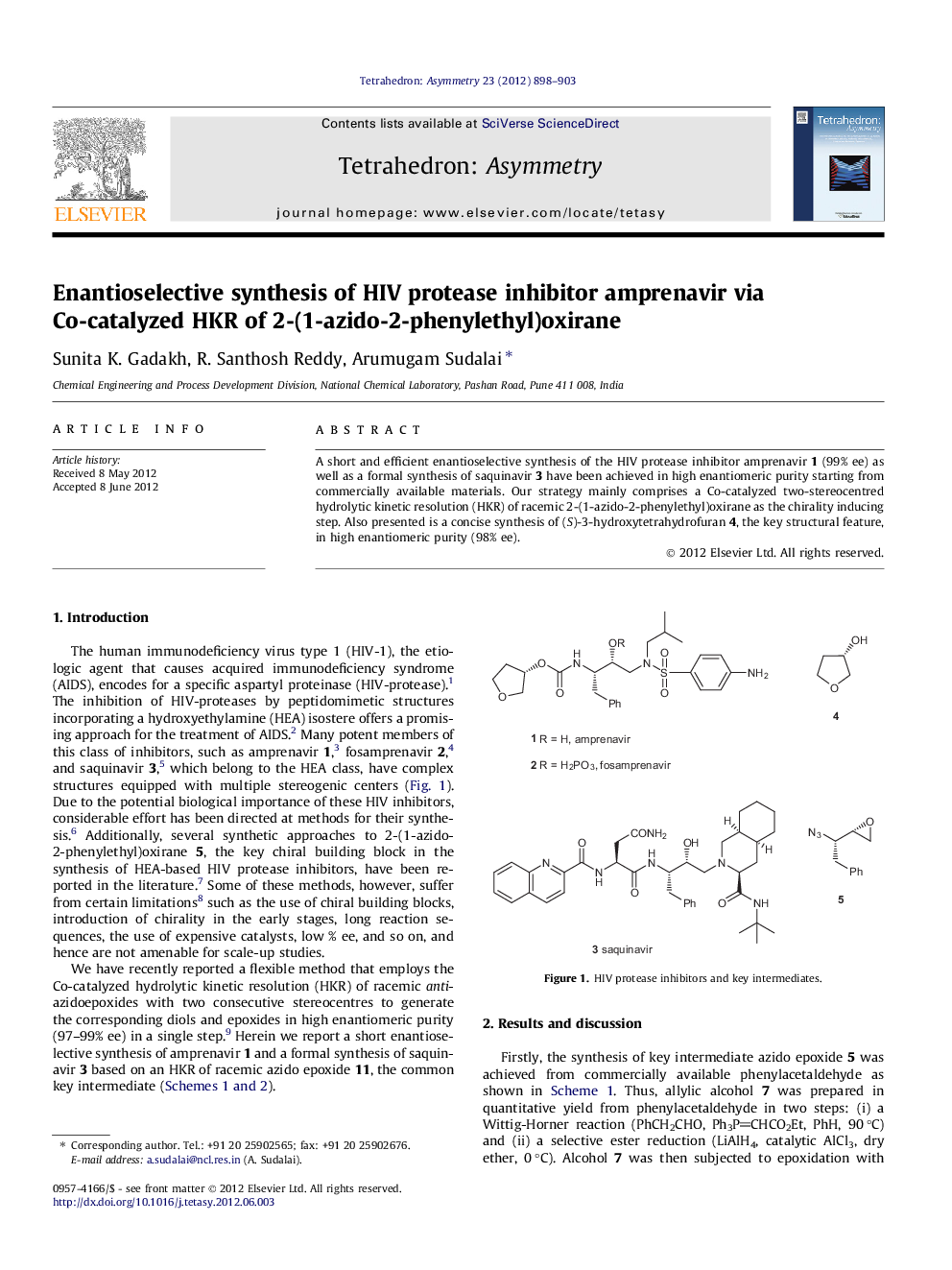 Enantioselective synthesis of HIV protease inhibitor amprenavir via Co-catalyzed HKR of 2-(1-azido-2-phenylethyl)oxirane