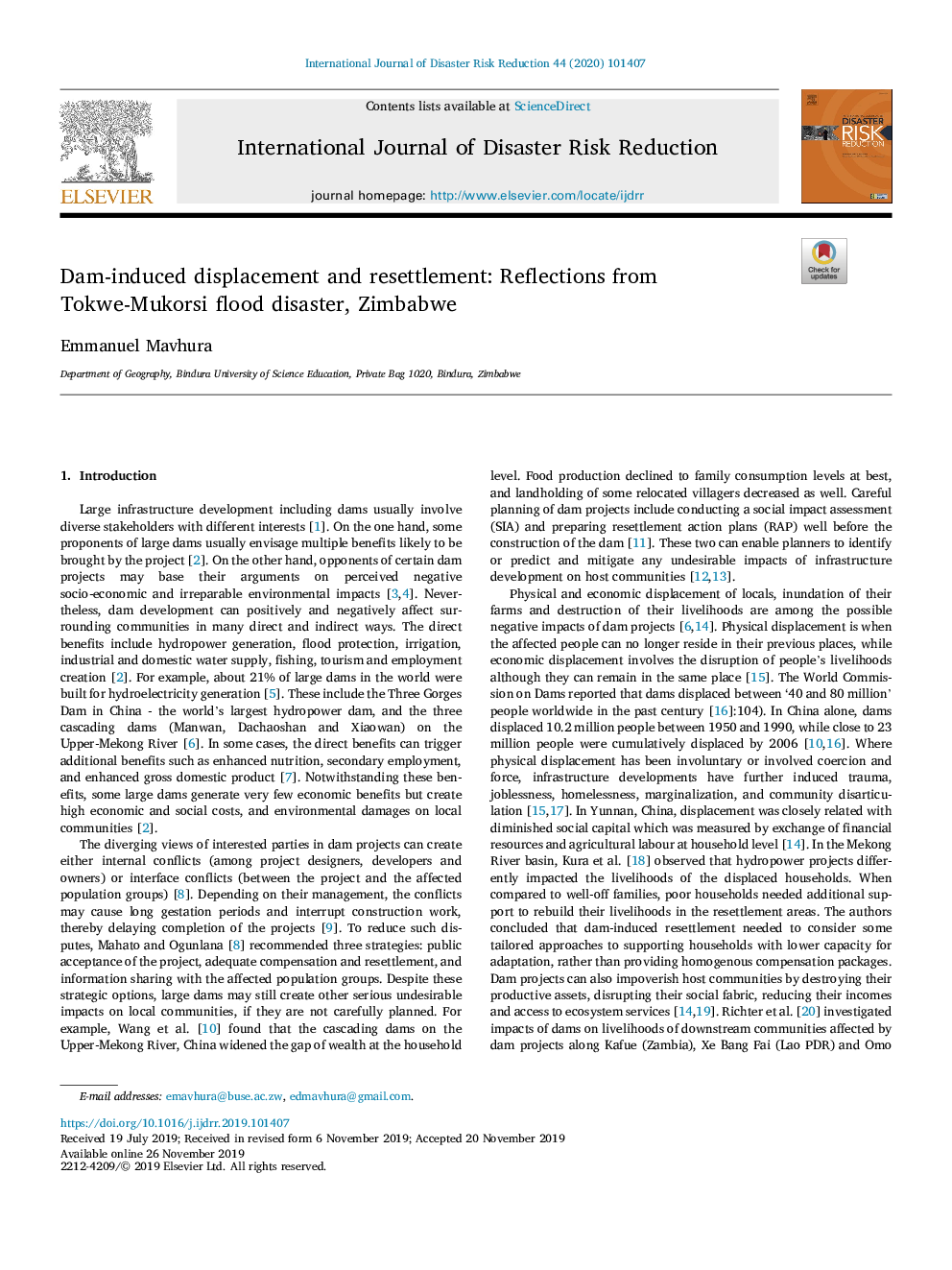 Dam-induced displacement and resettlement: Reflections from Tokwe-Mukorsi flood disaster, Zimbabwe