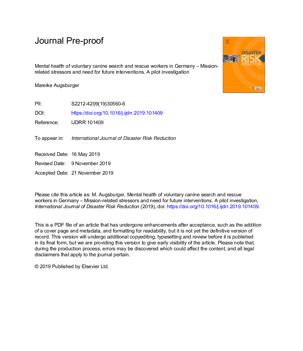 Mental health of voluntary canine search and rescue workers in Germany - Mission-related stressors and need for future interventions. A pilot investigation