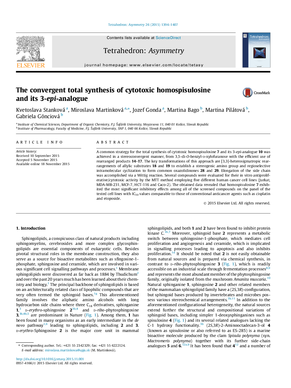 The convergent total synthesis of cytotoxic homospisulosine and its 3-epi-analogue