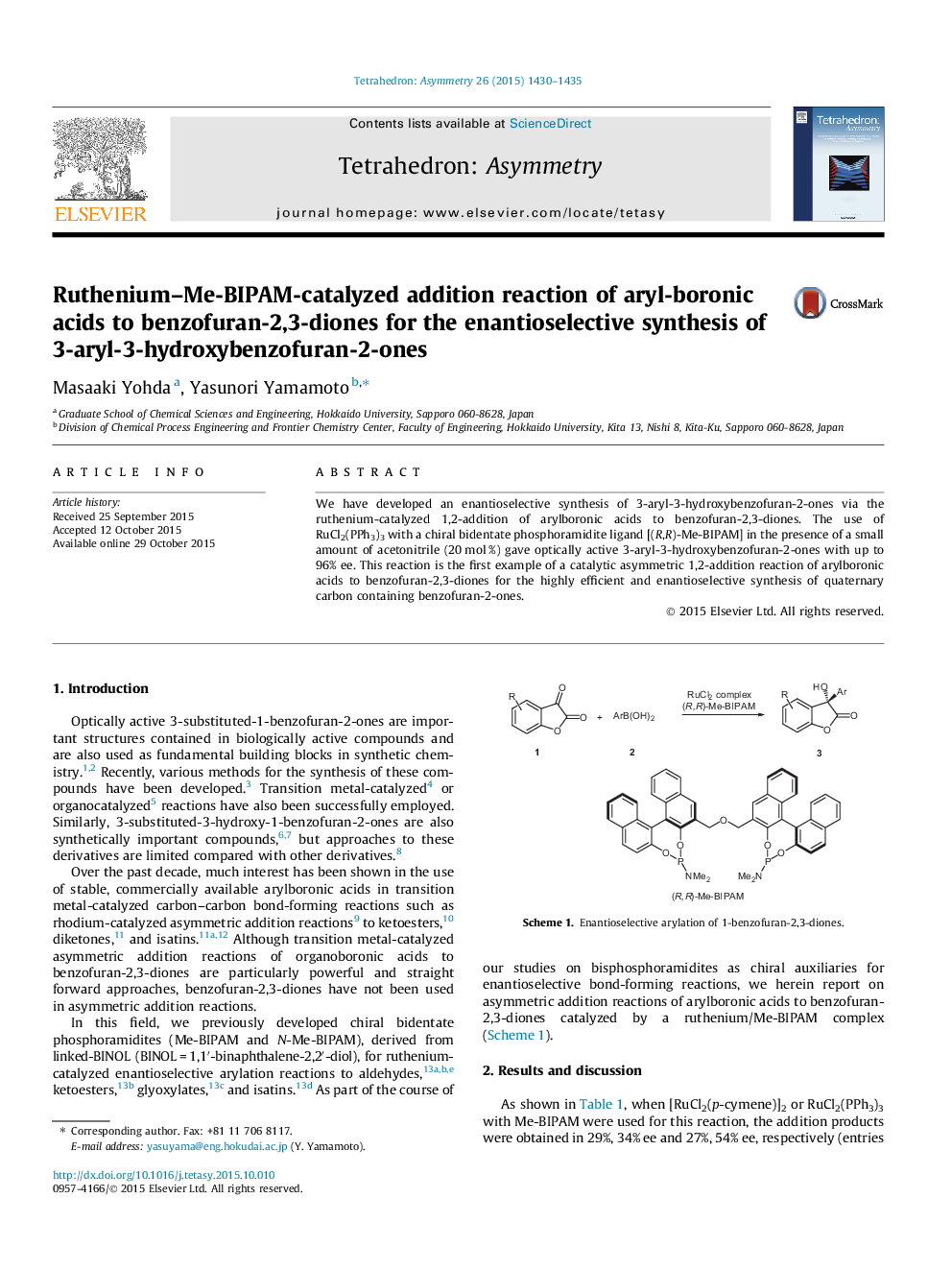 Ruthenium–Me-BIPAM-catalyzed addition reaction of aryl-boronic acids to benzofuran-2,3-diones for the enantioselective synthesis of 3-aryl-3-hydroxybenzofuran-2-ones