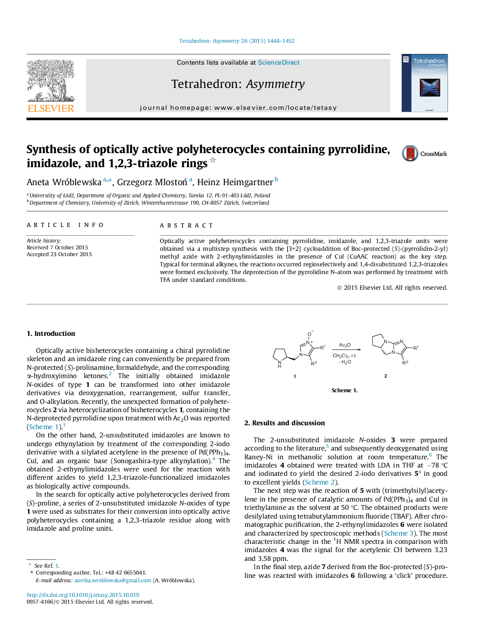 Synthesis of optically active polyheterocycles containing pyrrolidine, imidazole, and 1,2,3-triazole rings 
