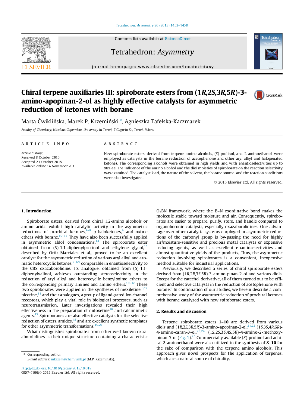 Chiral terpene auxiliaries III: spiroborate esters from (1R,2S,3R,5R)-3-amino-apopinan-2-ol as highly effective catalysts for asymmetric reduction of ketones with borane