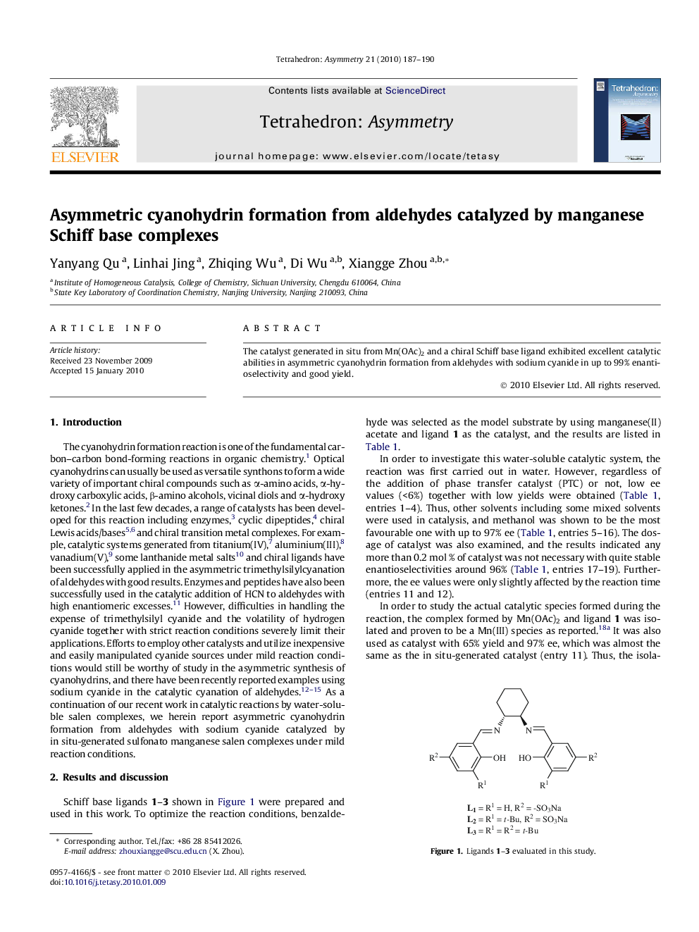 Asymmetric cyanohydrin formation from aldehydes catalyzed by manganese Schiff base complexes