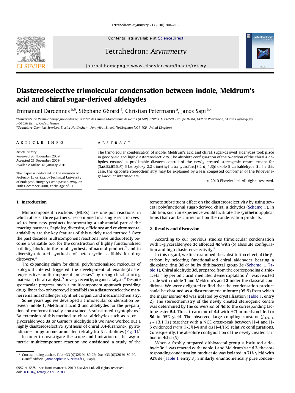 Diastereoselective trimolecular condensation between indole, Meldrum’s acid and chiral sugar-derived aldehydes