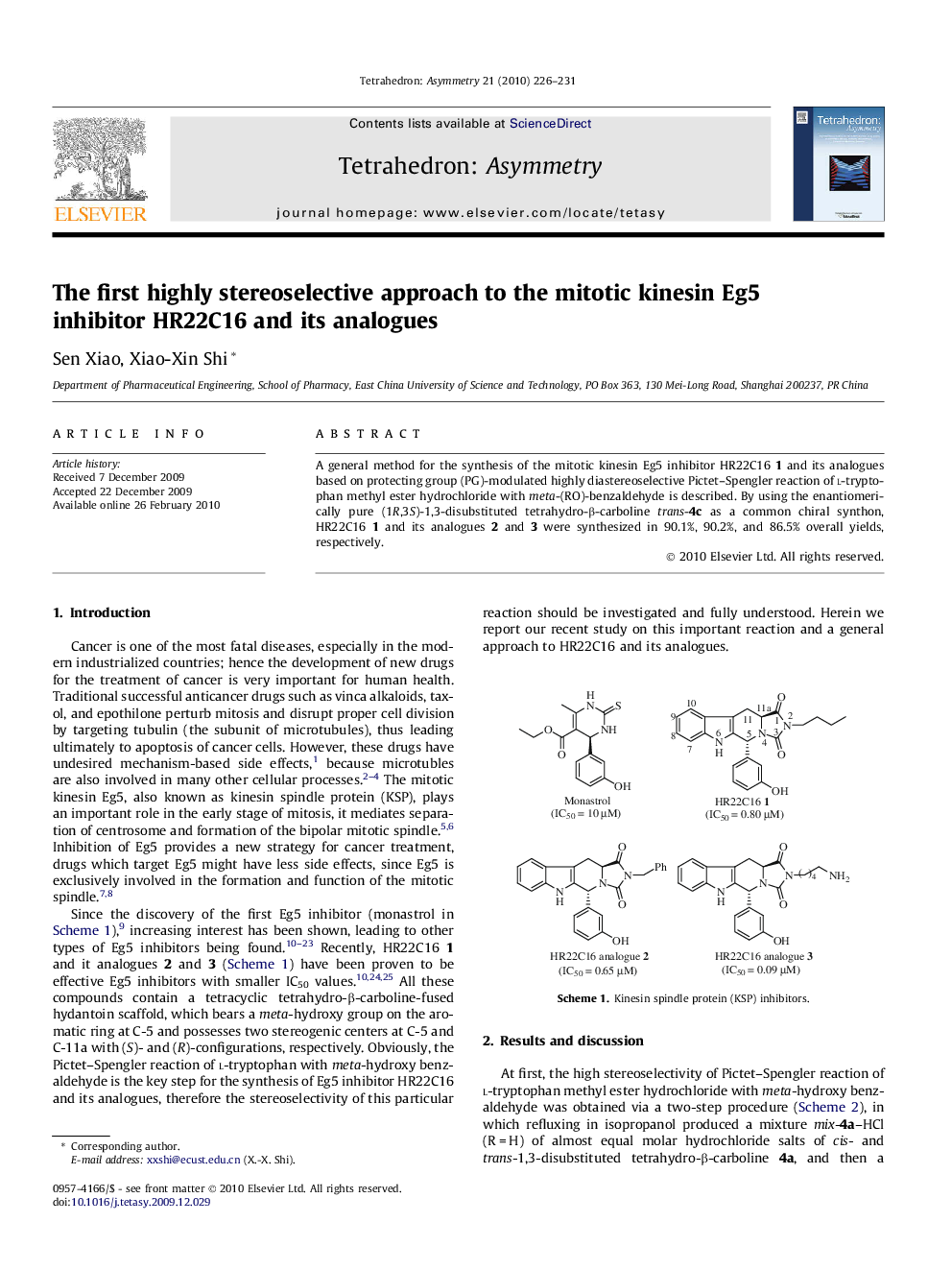 The first highly stereoselective approach to the mitotic kinesin Eg5 inhibitor HR22C16 and its analogues
