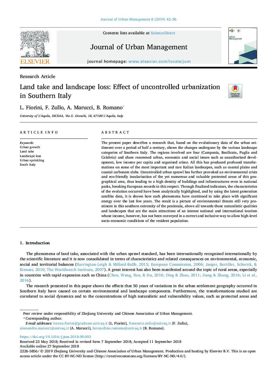 Land take and landscape loss: Effect of uncontrolled urbanization in Southern Italy