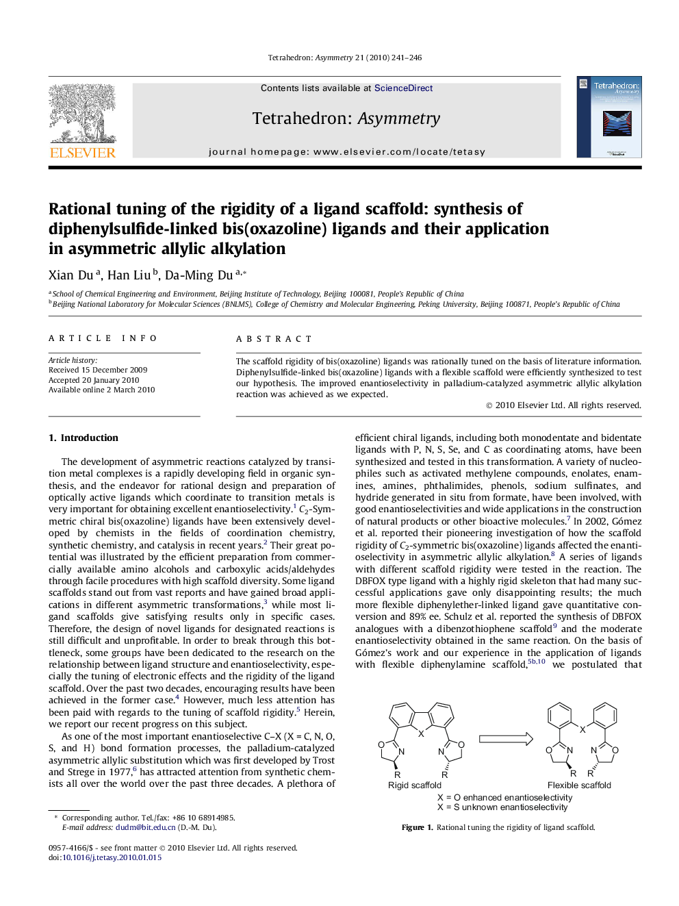 Rational tuning of the rigidity of a ligand scaffold: synthesis of diphenylsulfide-linked bis(oxazoline) ligands and their application in asymmetric allylic alkylation