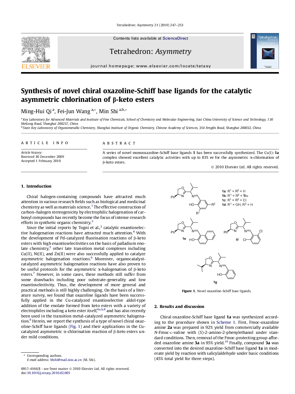 Synthesis of novel chiral oxazoline-Schiff base ligands for the catalytic asymmetric chlorination of β-keto esters