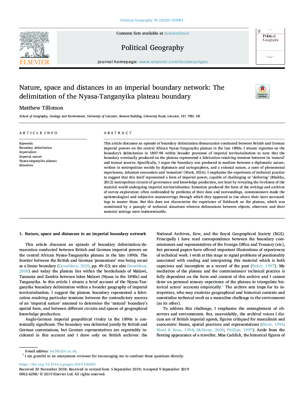 Nature, space and distances in an imperial boundary network: The delimitation of the Nyasa-Tanganyika plateau boundary