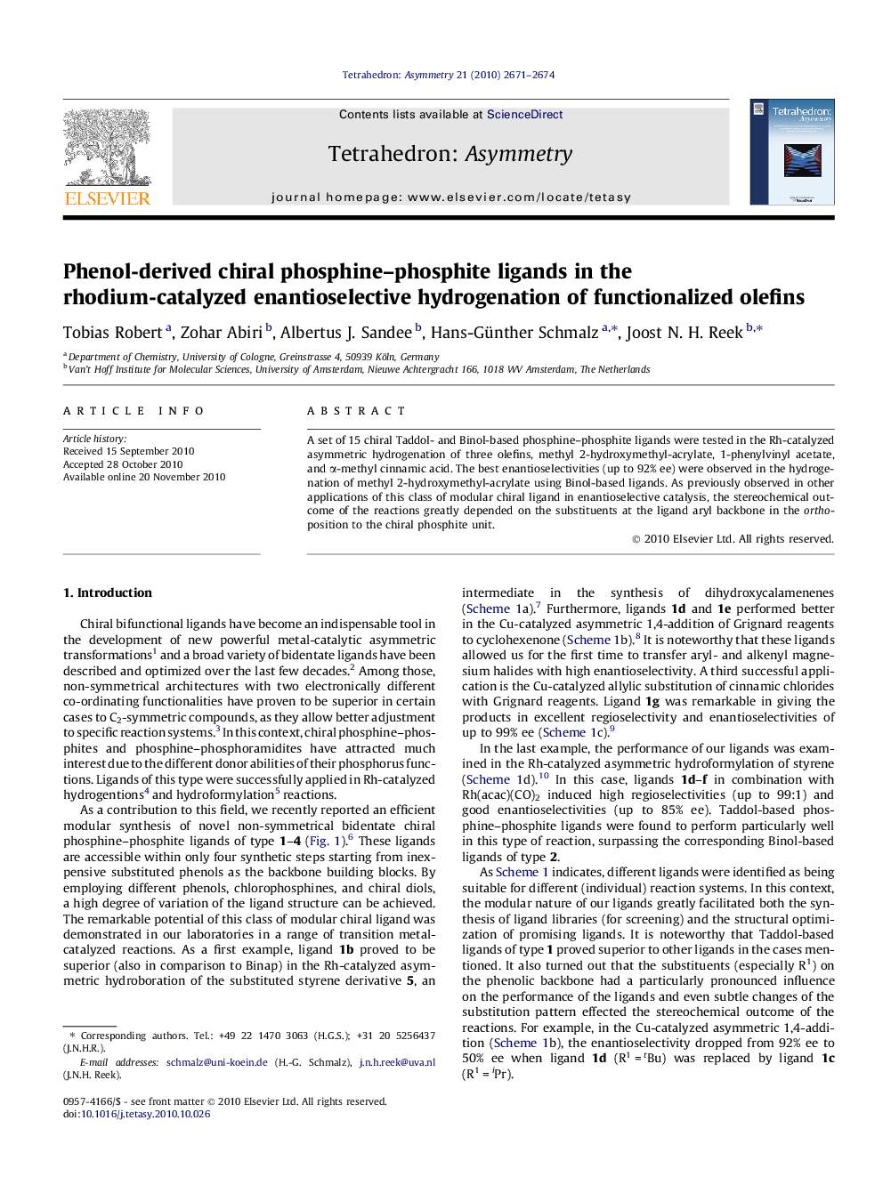 Phenol-derived chiral phosphine–phosphite ligands in the rhodium-catalyzed enantioselective hydrogenation of functionalized olefins