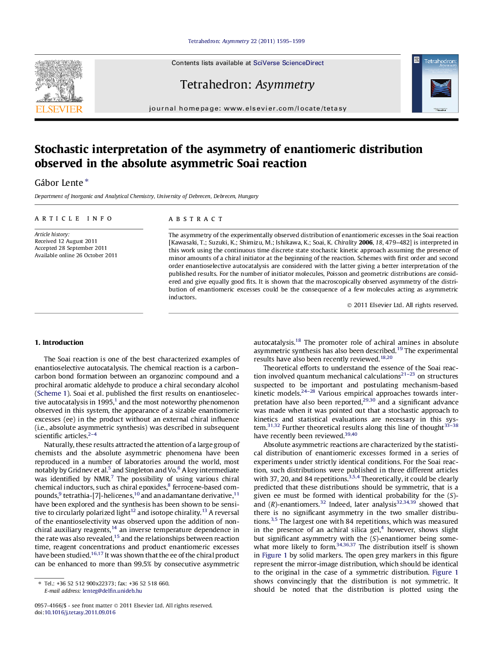 Stochastic interpretation of the asymmetry of enantiomeric distribution observed in the absolute asymmetric Soai reaction