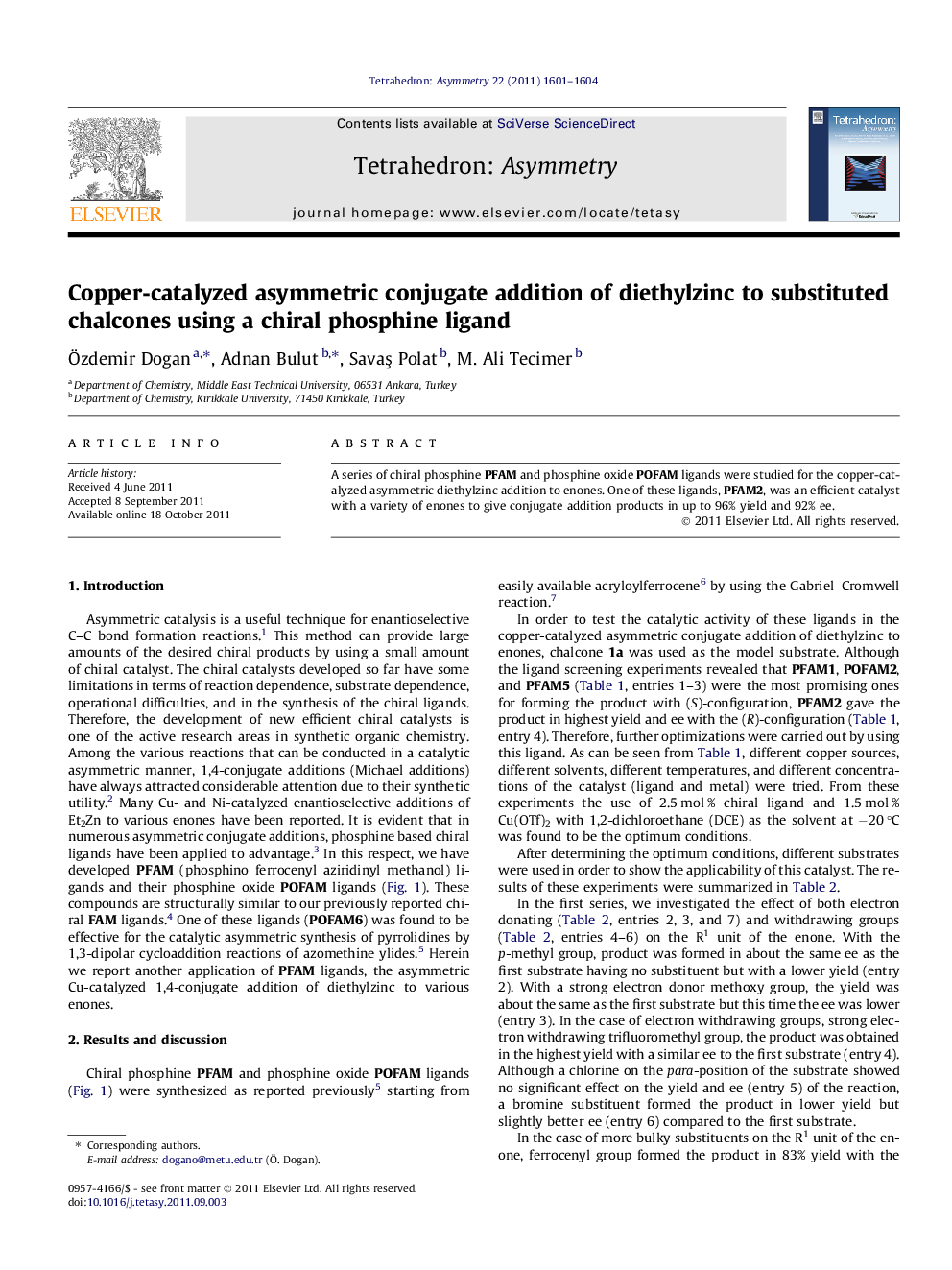 Copper-catalyzed asymmetric conjugate addition of diethylzinc to substituted chalcones using a chiral phosphine ligand
