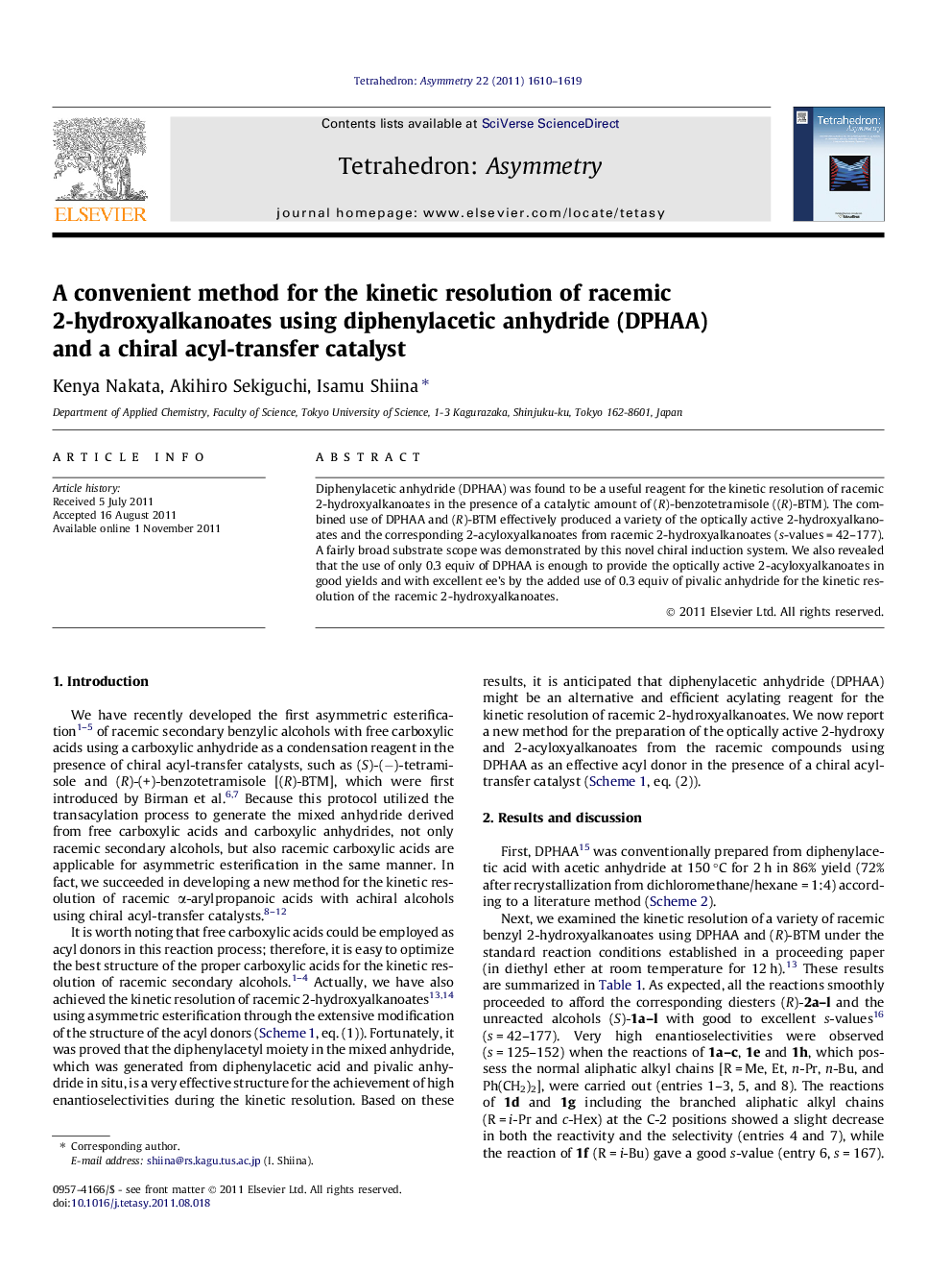 عکس صفحه اول مقاله: A convenient method for the kinetic resolution of racemic 2-hydroxyalkanoates using diphenylacetic anhydride (DPHAA) and a chiral acyl-transfer catalyst A convenient method for the kinetic resolution of racemic 2-hydroxyalkanoates using diphenylacetic anhydride (DPHAA) and a chiral acyl-transfer catalyst