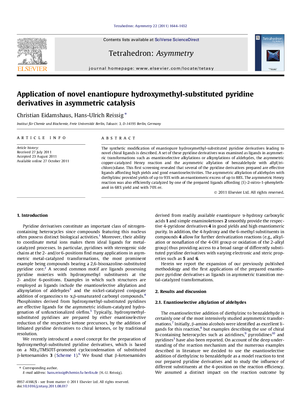 Application of novel enantiopure hydroxymethyl-substituted pyridine derivatives in asymmetric catalysis