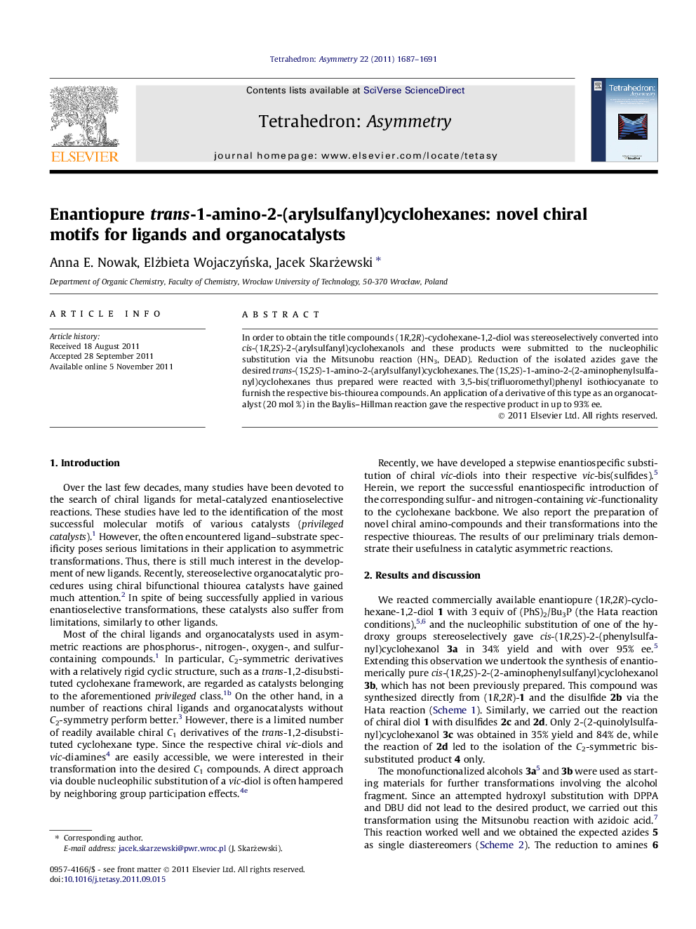Enantiopure trans-1-amino-2-(arylsulfanyl)cyclohexanes: novel chiral motifs for ligands and organocatalysts
